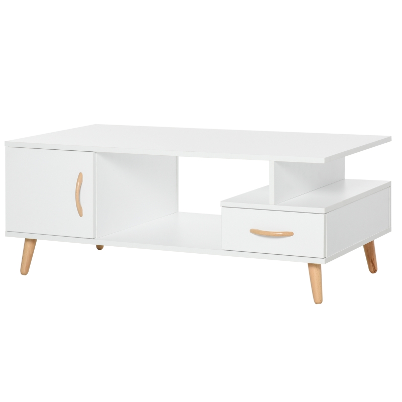 HOMCOM Table Basse rectangulaire Design scandinave 100L x 50l x 40H cm Niche + tiroir & Placard Bois Massif pin Panneaux Particules Blanc