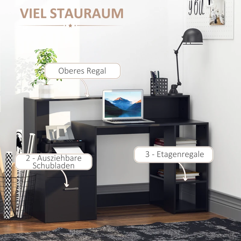HOMCOM Schreibtisch mit Regal Computertisch Bürotisch mit Tischplatte für Drucker Schublade MDF Metall Schwarz 137 x 55 x 92 cm
