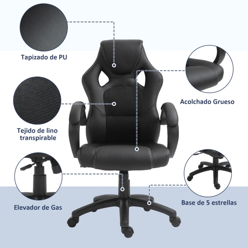 HOMCOM Silla de Oficina Silla Estudio con Función Basculante Altura Ajustable y Respaldo Alto Tapizado en Cuero PU y Malla Transpirable 71x61x108-118 cm Negro