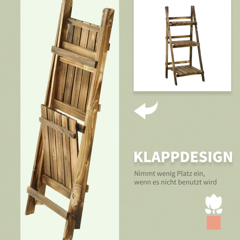 Outsunny 3-Etagen Pflanzenständer, klappbarer 93 cm hoch Blumenständer für Innen Außen, Pflanzenregal aus Holz, Blumentopfständer mit Tabletts, Blumentreppe für Wohnzimmer, Garten Balkon, Dunkelbraun