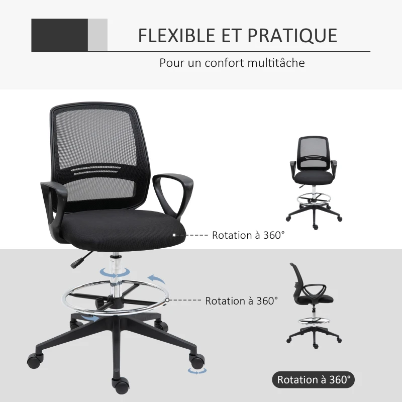 Vinsetto Fauteuil de bureau chaise de bureau assise haute réglable tabouret de bureau pivotant 360° maille respirante