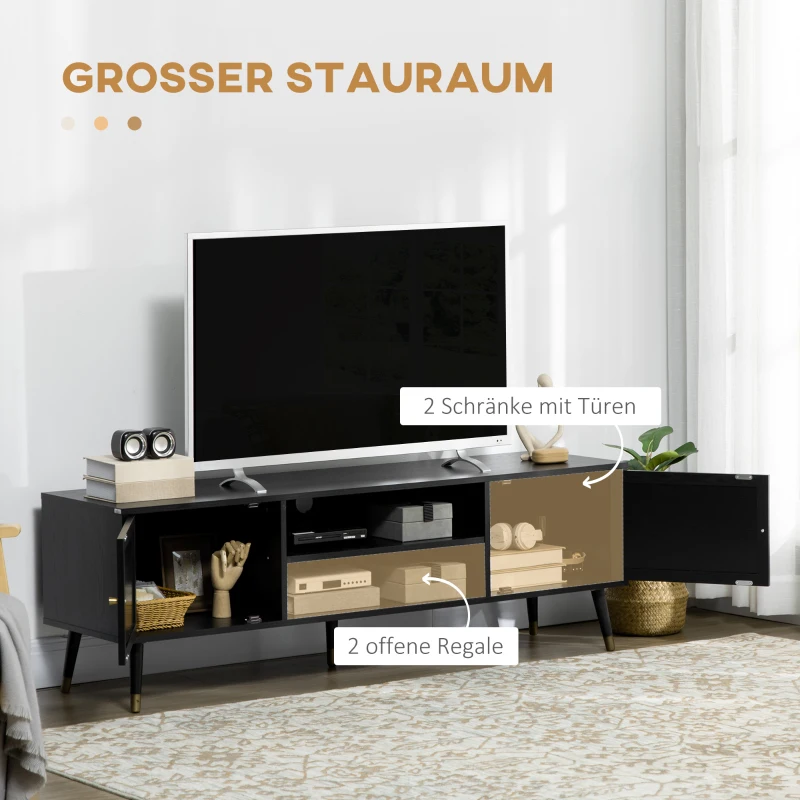 HOMCOM TV-Bank im Boho-Design, TV-Schrank, Rattanelemente, 1 Regalboden, 2 Schränke, Schwarz + Natur