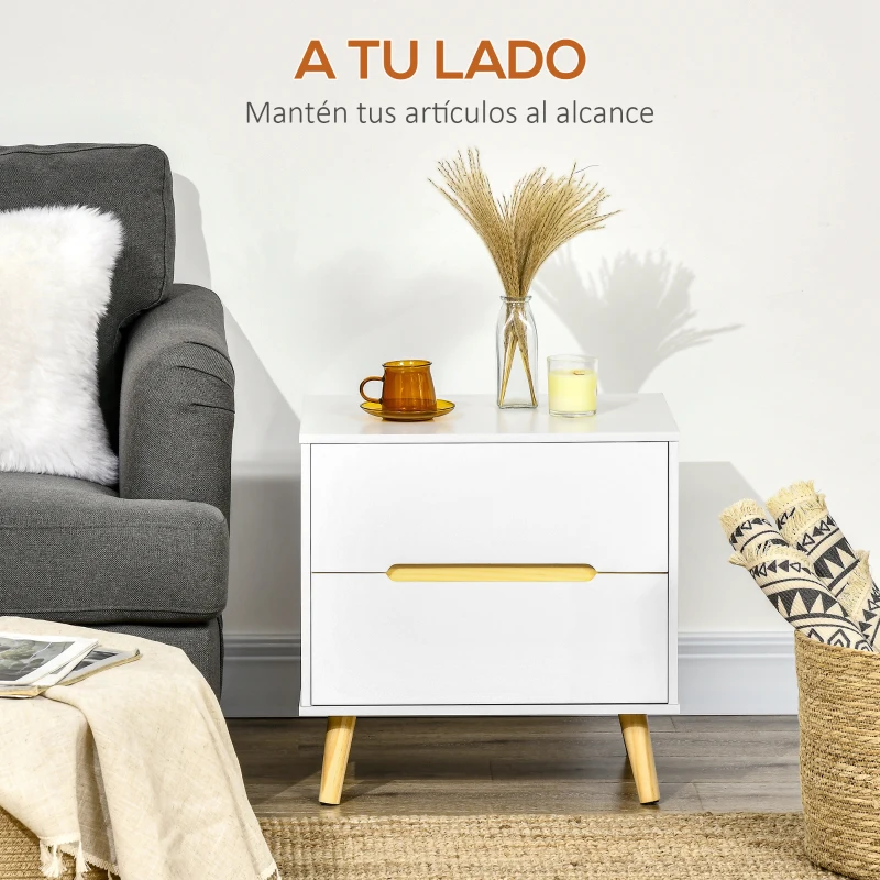 HOMCOM Mesita de Noche con 2 Cajones y Patas de Madera Mesilla de Noche Estilo Moderno 50x40x50,5 cm Blanco