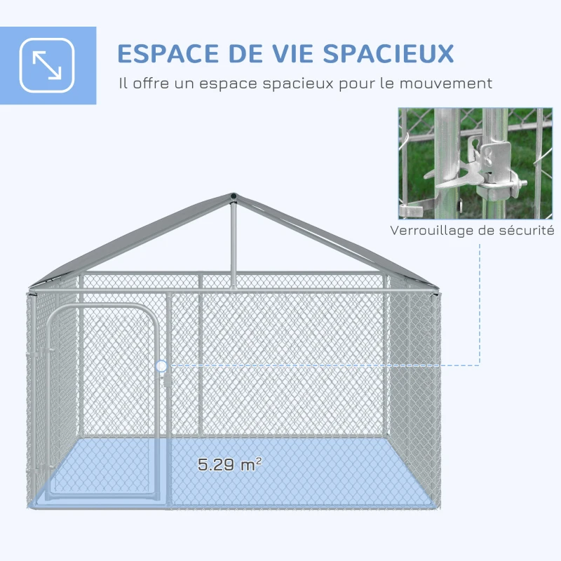 PawHut Chenil extérieur avec toit pour chien 5 m² parc grillagé espace couvert acier galvanisé 230 x 230 x 175 cm