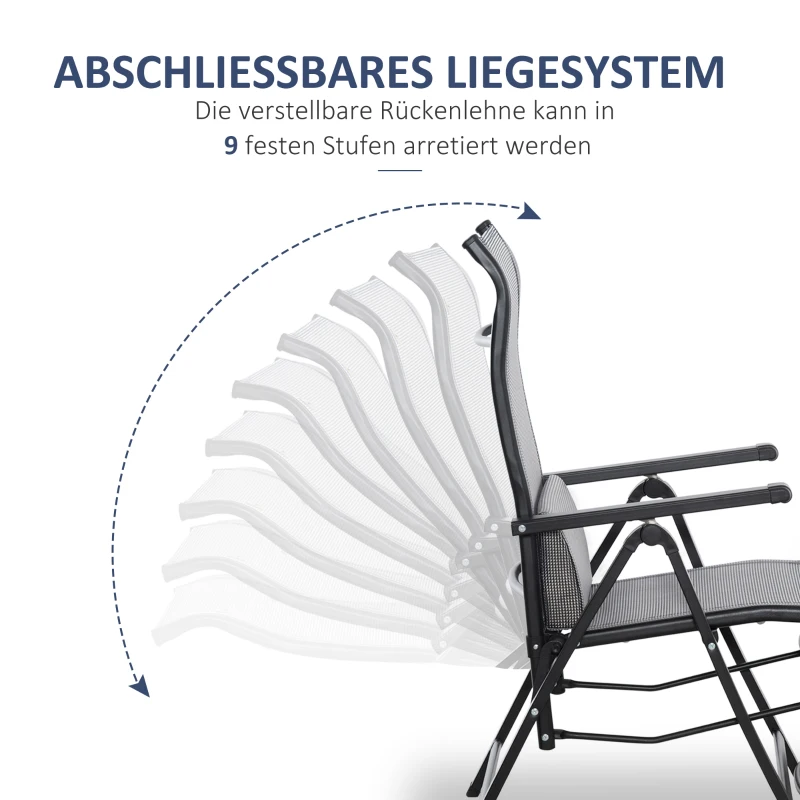 Outsunny Sonnenliege klappbar Gartenliege mit Kissen Schwerelosigkeit Liegestuhl mit 9-Fach verstellbare Rückenlehne Gartenstuhl bis 150 kg belastbar, für Garten Urlaub Outdoor Strand, Schwarz+Grau