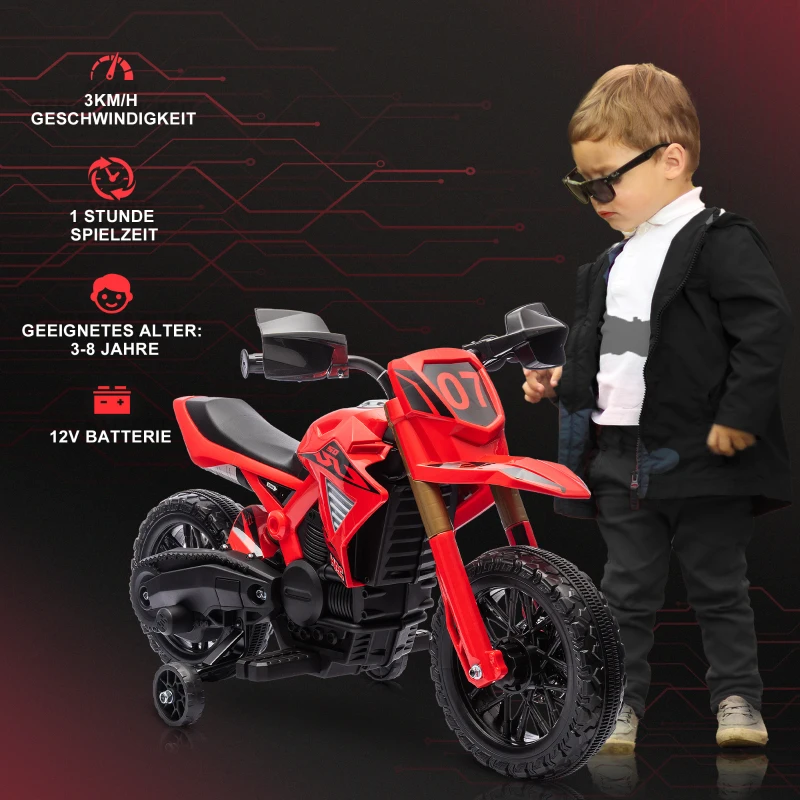 AIYAPLAY Elektro-Motorrad für Kinder, 6V Batterie-Antrieb, Stützräder, Hupe, Startgeräusch, 3-8 Jahre, Rot(m-4)