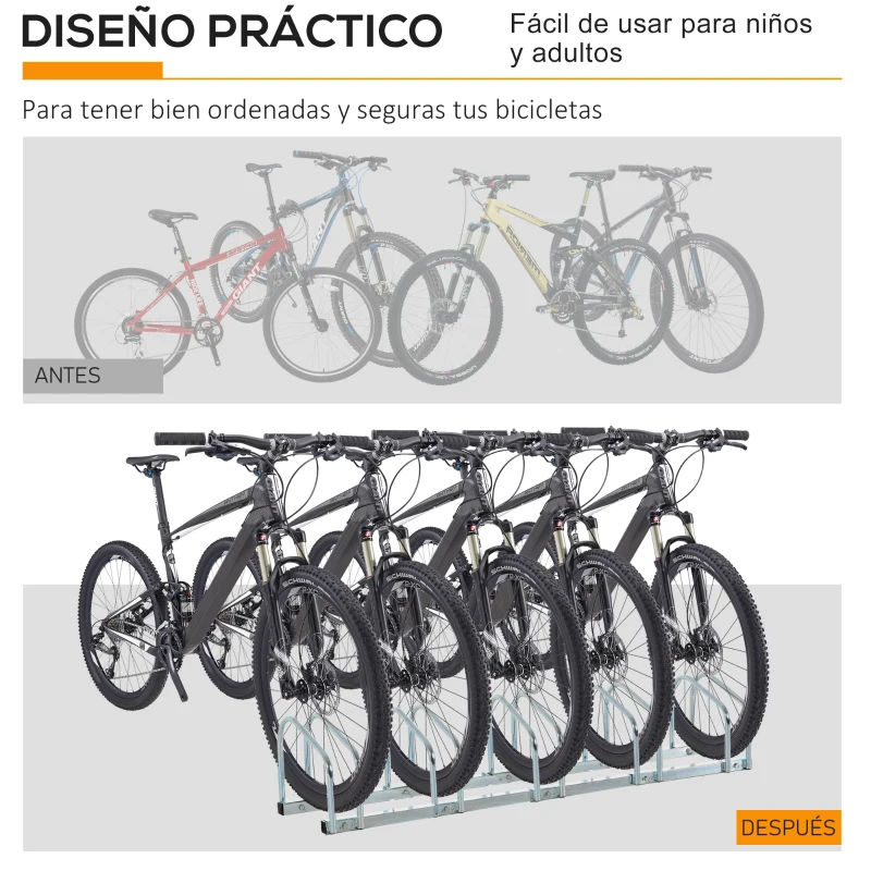HOMCOM Aparcamiento para 4 Bicicletas Soporte de Acero para Aparcar Bicicletas en el Suelo o Pared 110x33x27 cm Plata