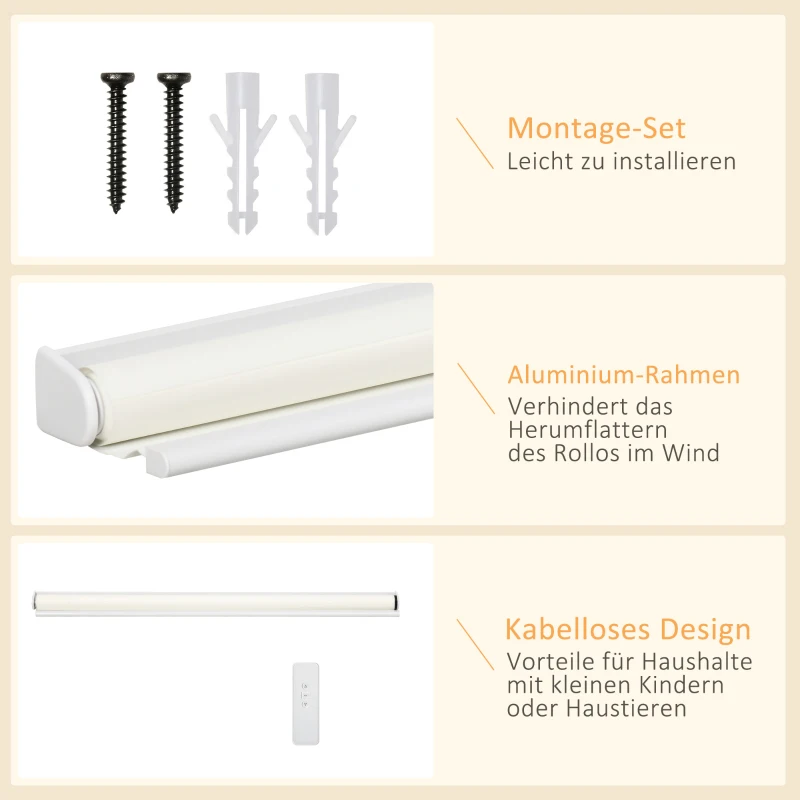 HOMCOM Fensterrollo mit Fernbedienung, USB-Schnittstelle, aufladbarer Akku, 90 cm x 180 cm x 7 cm, Weiß