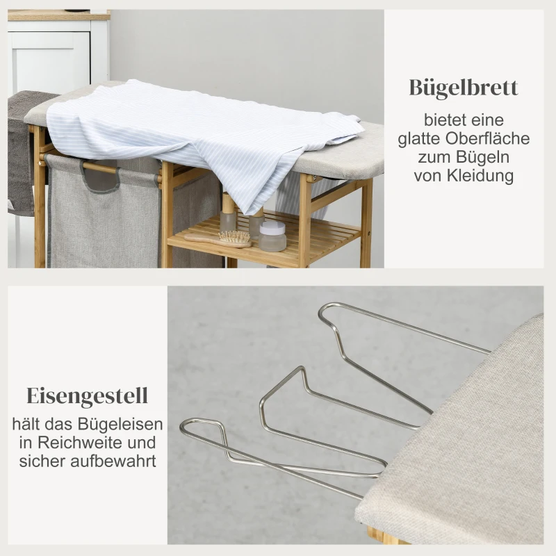HOMCOM Wäschesammler, multifunktional, Bügelbrett & Stoffsack 57L, Bambusgestell, 113x34x82cm, Natur/Grau