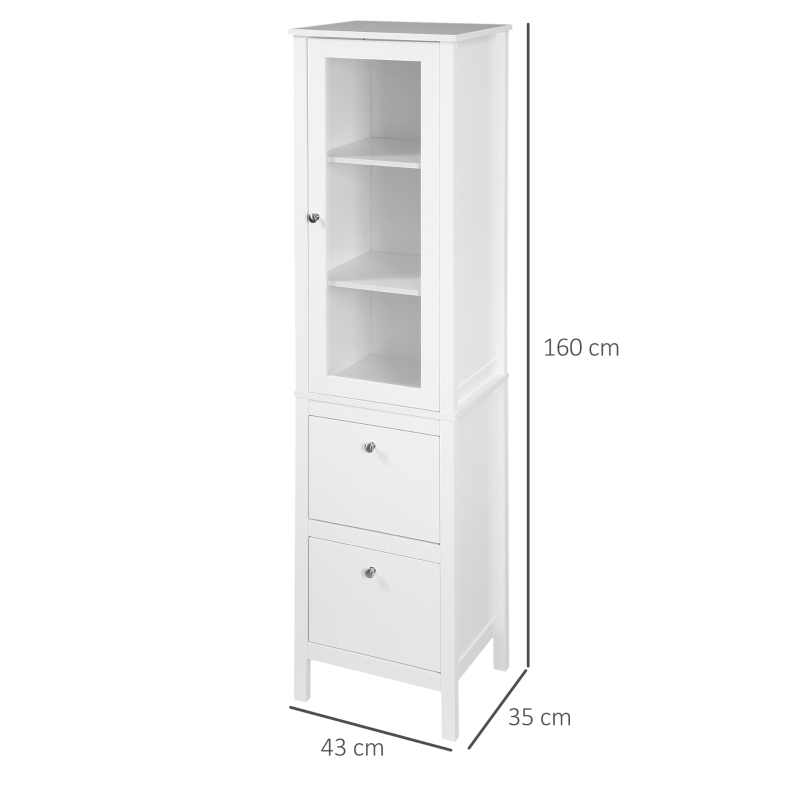 kleankin Armario Alto para Baño Mueble Columna de Baño con Puerta de Cristal Estantes Ajustables y 2 Cajones 43x35x160 cm Blanco