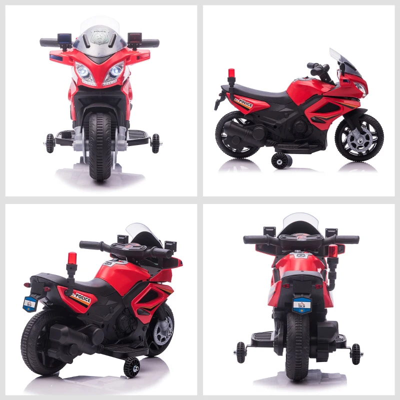 HOMCOM Moto Elettrica per Bambini con Sirena della Polizia e Fari, Velocità 3km/h e Batteria 6V Ricaricabile, 69x39x43cm, Rosso