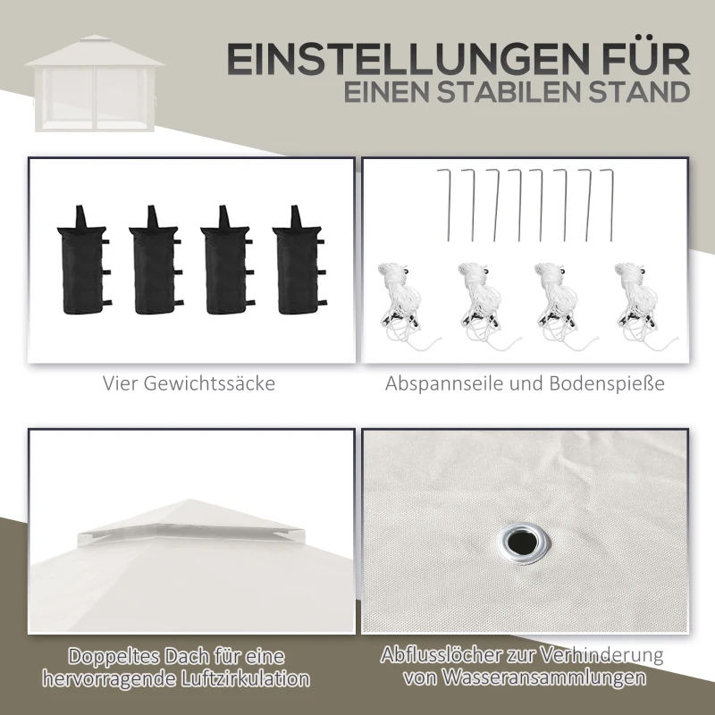 Outsunny Faltpavillon, höhenverstellbar, 4 Netzwände, Lüftungsdach, Tragetasche, Schnellaufbau, 4 x 4 x 3 m, Cremeweiß