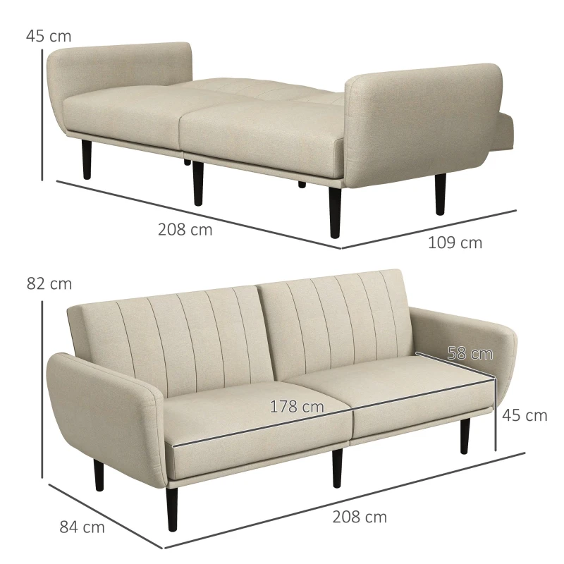 HOMCOM Canapé-lit convertible 3 places dossier inclinable 3 positions pieds bois tissu aspect lin beige