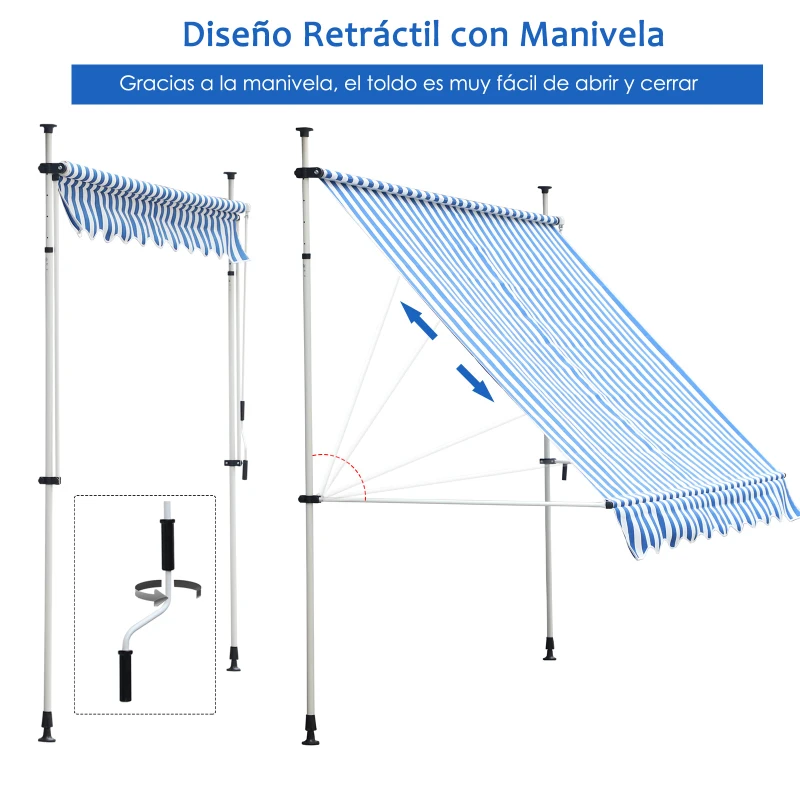 Outsunny Toldo Manual Retráctil para Exterior 197x250x200/300cm Toldo Enrollable con Altura Ajustable y Manivela Color Azul y Blanco