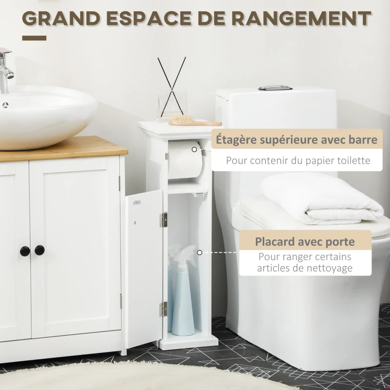 kleankin Meuble de salle de bain support papier toilette avec placard et sortie papier en bois blanc