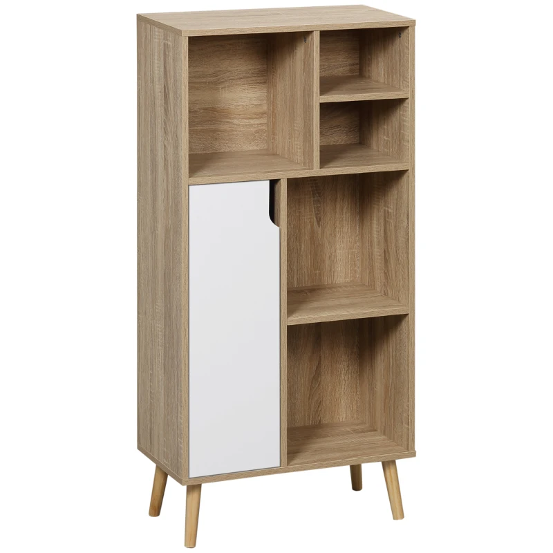 HOMCOM Mueble Aparador Alto Armario Auxiliar de Salón con 5 Compartimentos y 1 Puerta Multiusos para Comedor Cocina Dormitorio 60x30x121 cm Roble y Blanco
