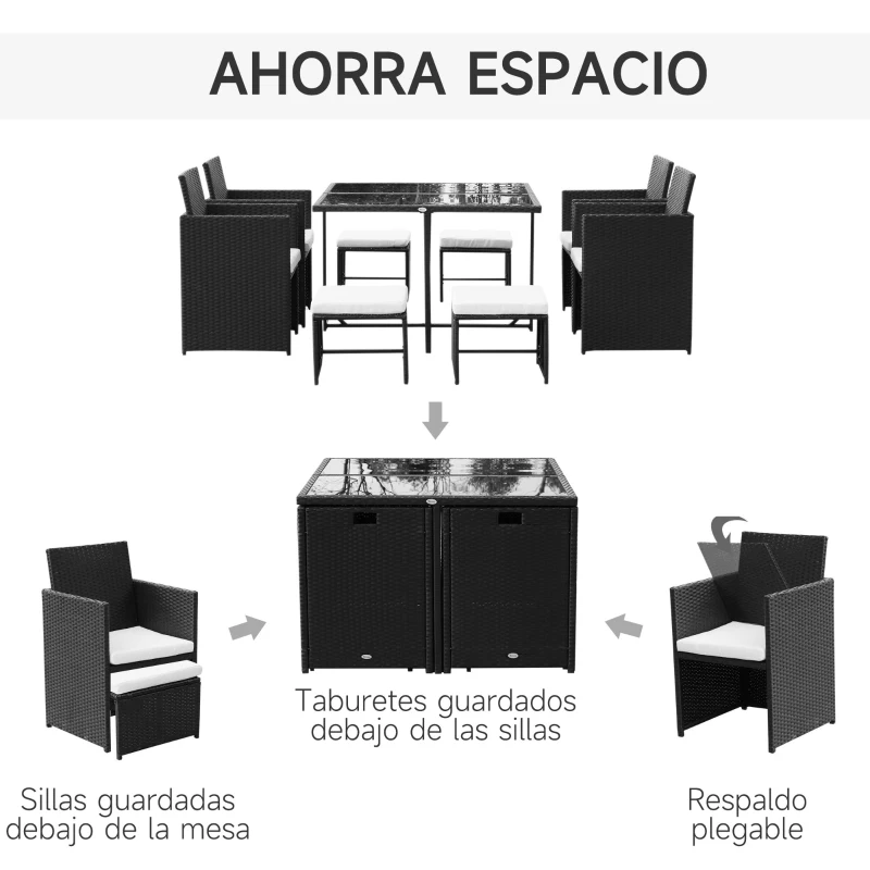 Outsunny Conjunto de Muebles de Jardín Comedor 9 Piezas de Ratán Apilables con Cojines para Terraza 1 Mesa 4 Sillas y 4 Taburetes de Exterior Elegante Negro
