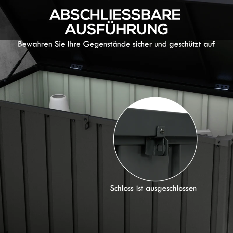 Outsunny Aufbewahrungsbox, Gartentruhe, 450L Stauraum, 2 Räder, Stahlrahmen, 125x61x70 cm, Dunkelgrau