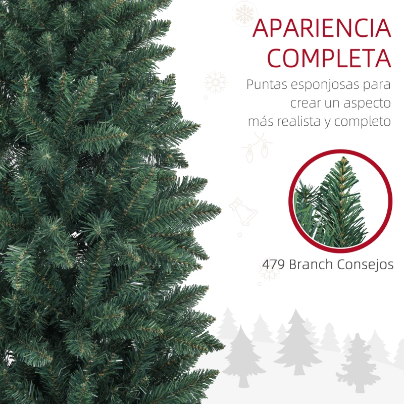 HOMCOM Árbol de Navidad Tipo Lápiz 183 cm con Base Plegable y 479 Ramas para Dormitorio Oficina Verde