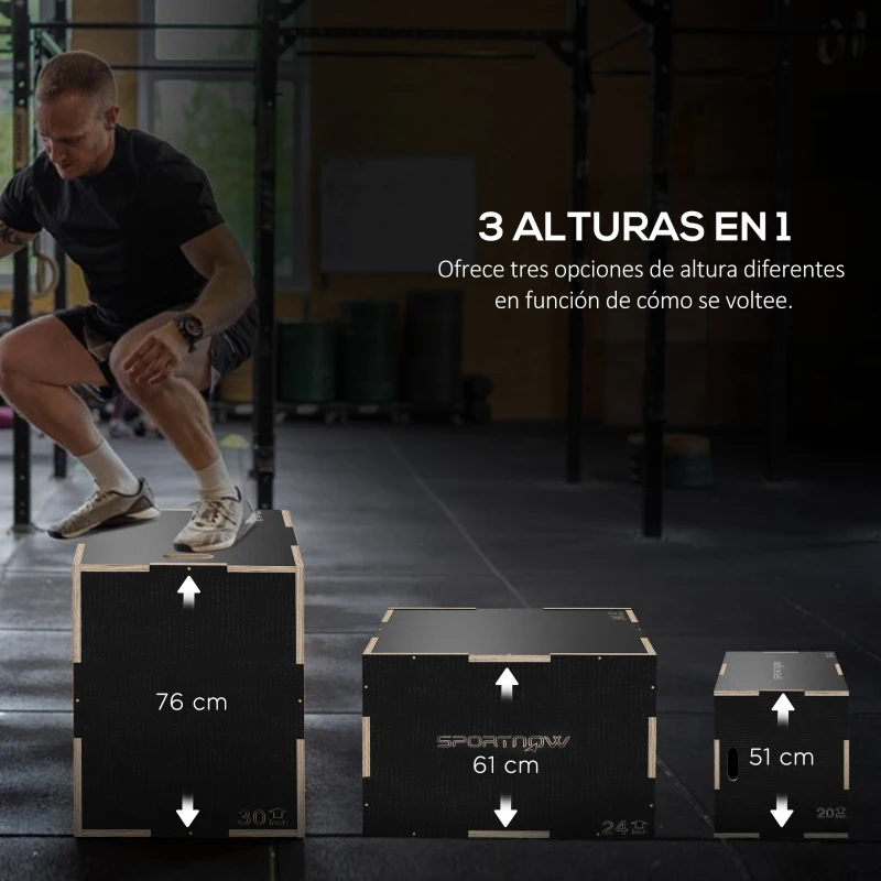 SPORTNOW Cajón de Salto Pliométrico de Madera con Mangos Huecos Carga 120 kg para Casa Oficina Gimnasia 76x61x51 cm Negro