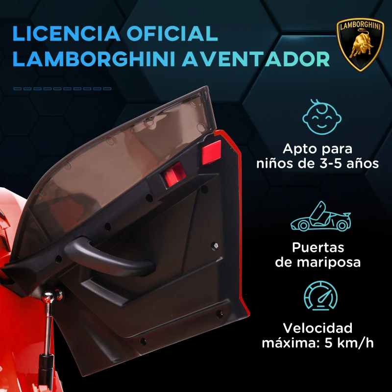 HOMCOM Coche Eléctrico Lamborghini para Niños Velocidad Max.5 km/h Puerta de Tijera con Control Remoto MP3 Rojo