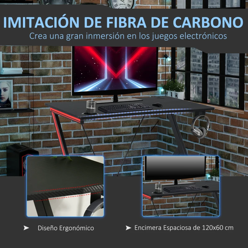 HOMCOM Mesa Gaming 120x60x75 cm Escritorio Ergonómico Gaming Desk para Ordenador PC con Portavasos Gancho para Auriculares y Orificio de Pasacables Efecto de Fibra de Carbono Negro