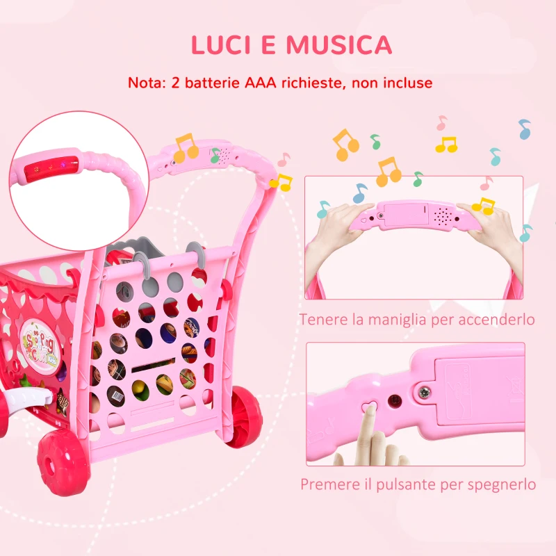 HOMCOM Carrello della Spesa per Bambini In Tre Modalità per Bambini +3 Anni, Carrello Giocattolo per Bambini con 38 Accessori Inclusi, Suoni e Luci Divertenti, Rosa
