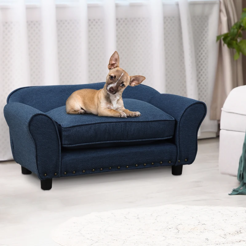 PawHut Dog Sofa for XS and S Size Dogs, Pet Chair Couch with Thick Sponge Padded Cushion, Kitten Lounge Bed with Washable Cover, Wooden Frame - Blue