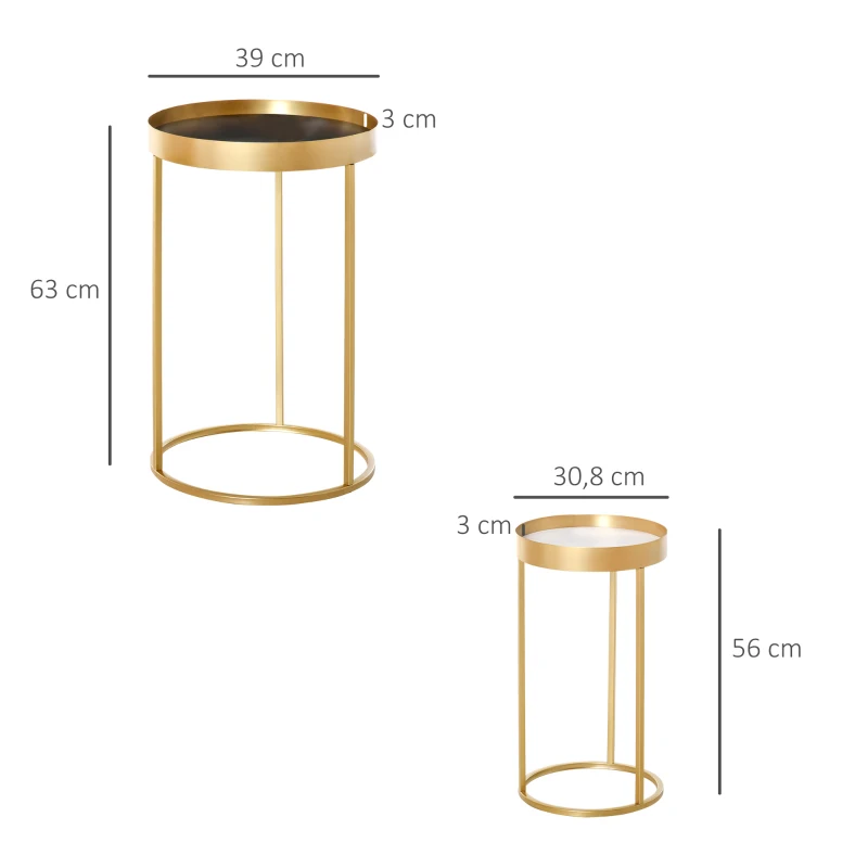 HOMCOM Juego de 2 Mesas de Café Moderno Set de 2 Mesas de Centro Apilables Estructura de Metal Dorado Sala de Estar Ø39x63 cm y Ø30,8x56 cm Encimera Negro y Blanco