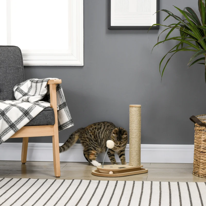 PawHut Tiragraffi per Gatti 4kg max in Truciolato e Iuta con Palline da Gioco Incluse, 35x23x40 cm, color Rovere