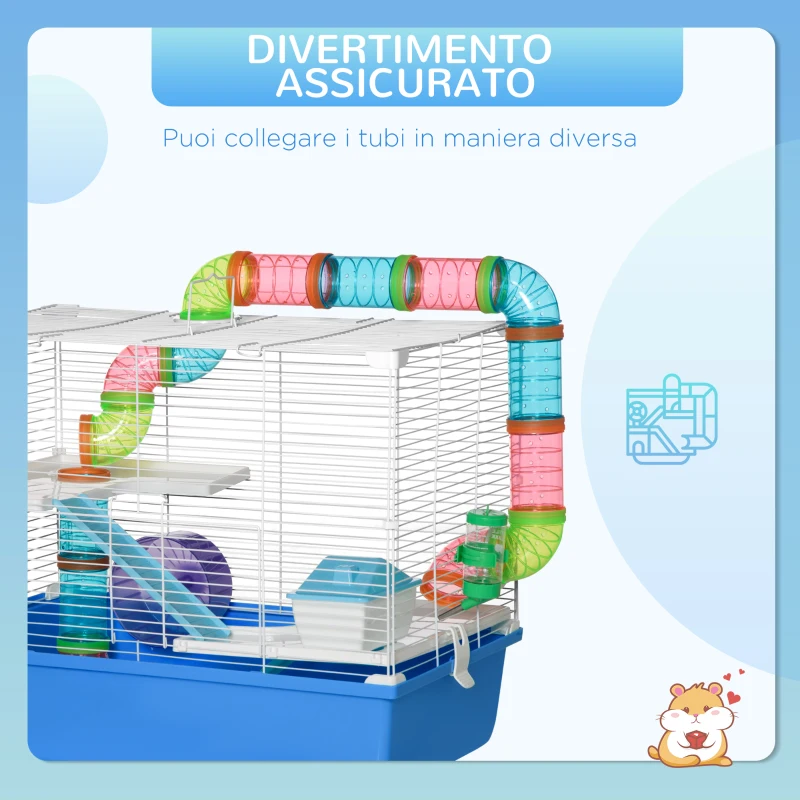 PawHut Gabbia per Criceti a 3 Livelli con Tunnel, Casetta e Ruota per Criceti, 59x36x47cm, Blu e Bianco