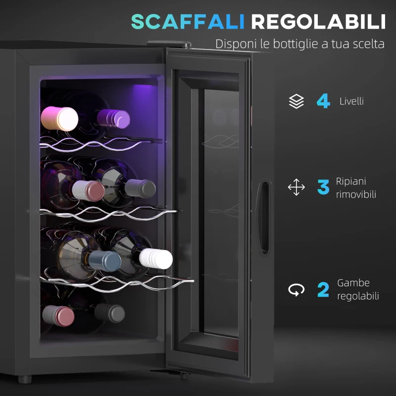 HOMCOM Cantinetta Vino Refrigerata per 8 Bottiglie, Capacità 21L, Display Touch e Ripiani Regolabili, Nero