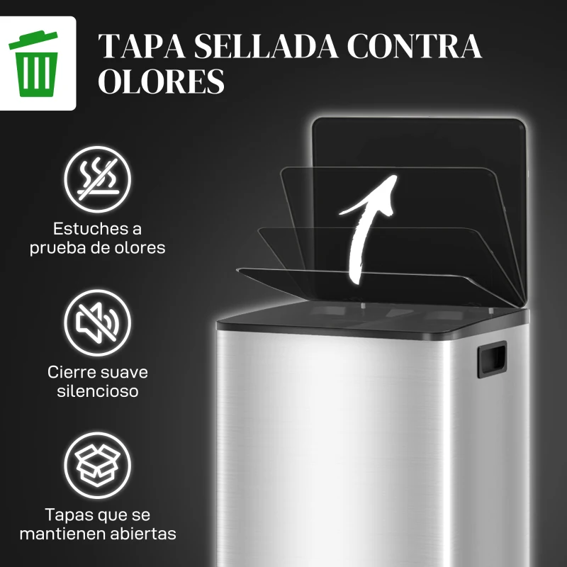 HOMCOM Cubo de Basura de Cocina con 2 Compartimentos 2x20L con Pedal Tapa de Cierre Suave y Cubo Extraíble Plata