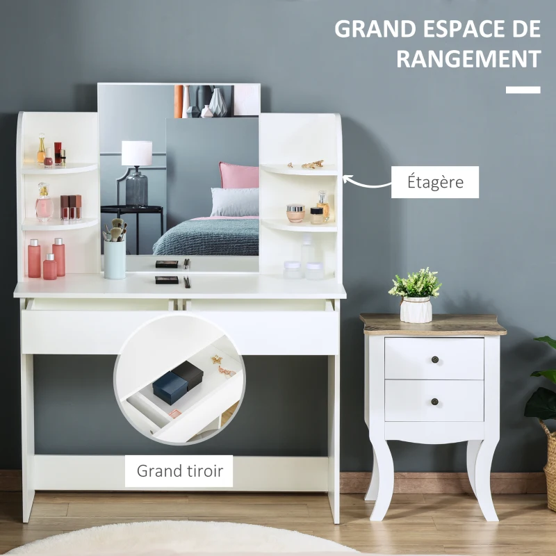 HOMCOM Coiffeuse Design Contemporain Table de Maquillage Multi-Rangement 4 étagères Grand tiroir et Miroir Panneaux Particules Blanc