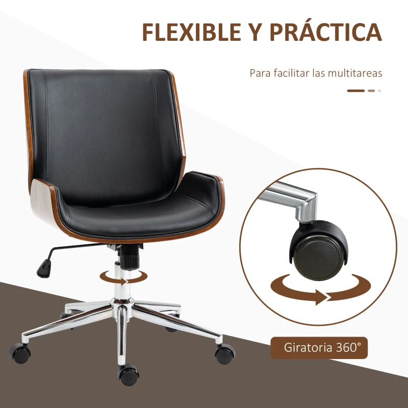 Vinsetto Silla de Oficina Giratoria de PU con Altura Ajustable Función de Inclinación y Ruedas 51x65,5x82-92 cm Negro