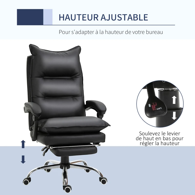 Vinsetto Fauteuil de bureau, chaise bureau ergonomique en similicuir avec large assise rembourrée, dossier inclinable, hauteur réglable, accoudoirs et repose-pied intégrés, charge 135 Kg, noir