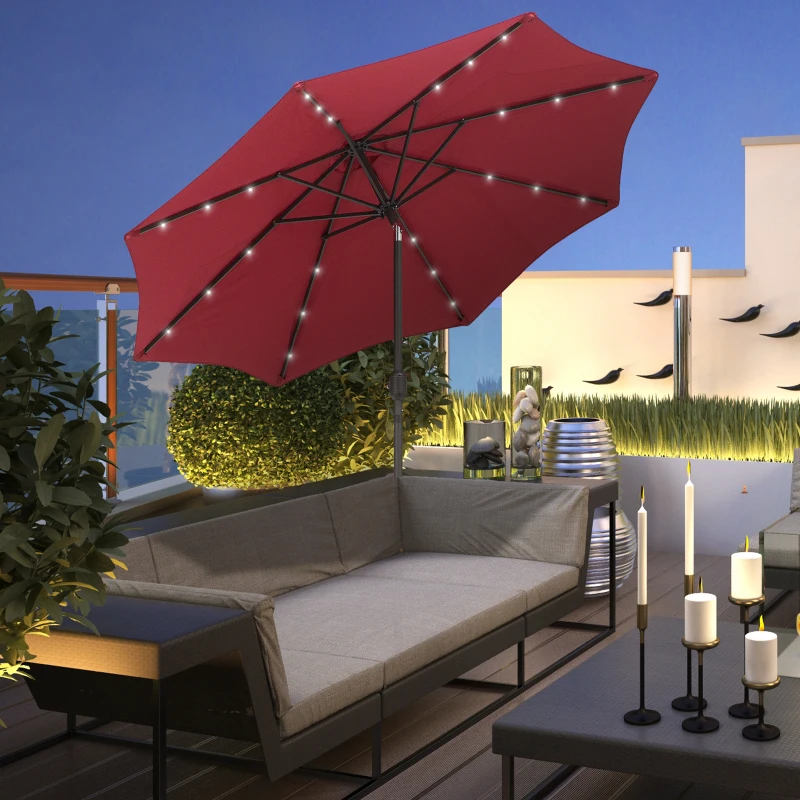 Outsunny 2.7m Patio Garden Umbrella Outdoor Parasol with Tilt Crank and 24 LEDs Lights (Red)