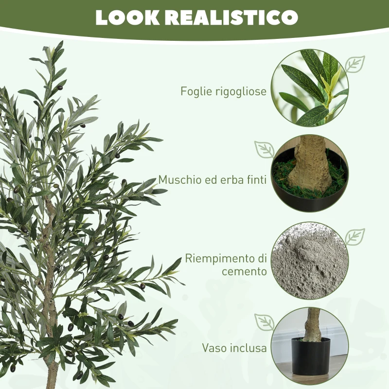 HOMCOM Pianta Artificiale di Olivo Alta 180 cm, Albero Finto con 900 Foglie e 40 Olive, Vaso Incluso