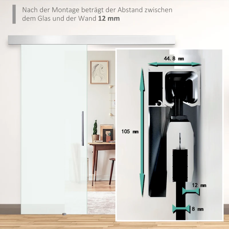 HOMCOM Glasschiebetür mit Griffstange, einseitig satiniert, 90 x 205 cm