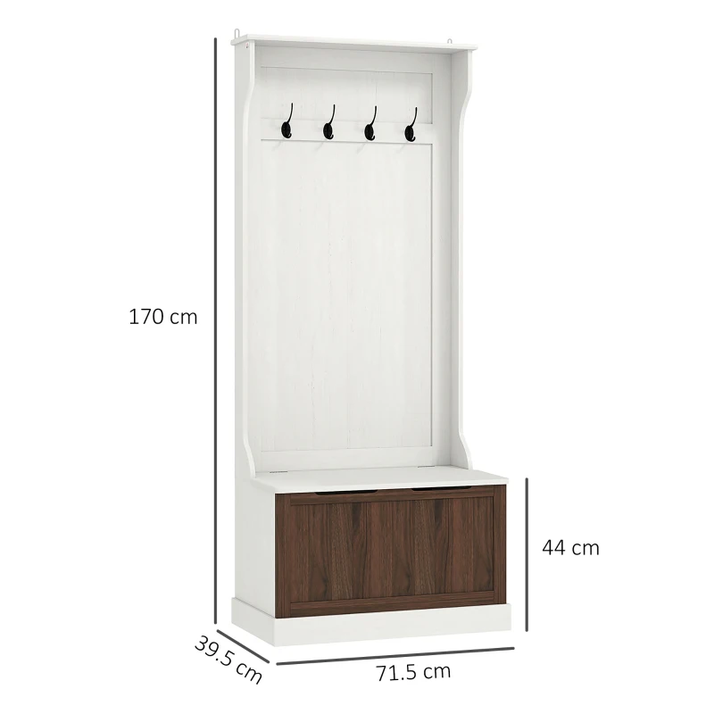 HOMCOM Mobile Appendiabiti 3 in 1 con 4 Ganci e Panca Contenitore, in Legno, 71.5x39.5x170 cm, Bianco