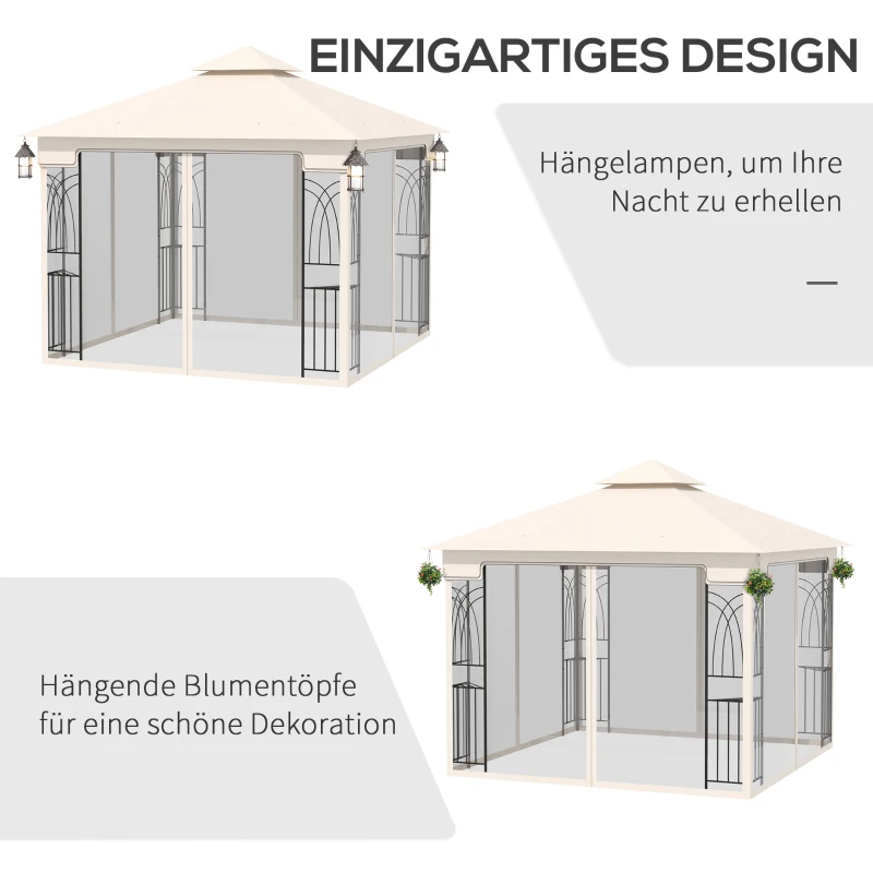 Outsunny Gartenpavillon mit Doppeldach Pavillon Gartenzelt Festzelt Partyzelt mit 4 x Seitenwand Metall+Polyester Cremeweiß 2,99 x 2,99 x 2,74 m