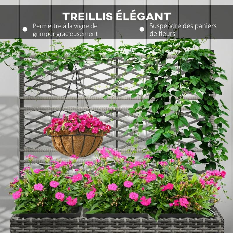 Outsunny Jardinière pour plantes avec treillis 3 bacs à plante 33L en résine tressée et acier dim. 84L x 30L x 107H cm