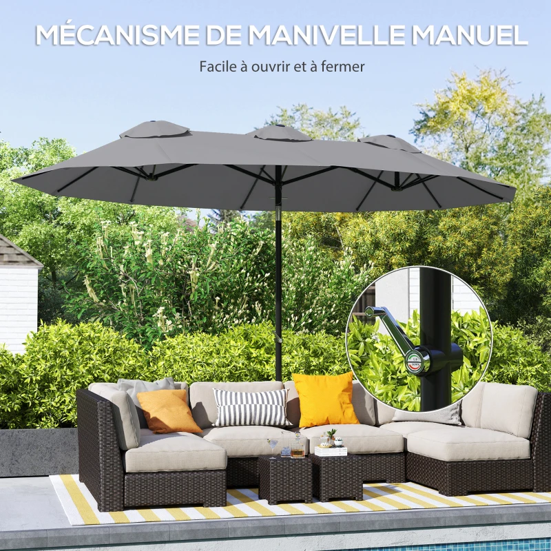 Outsunny Parasol de jardin double grande taille ouverture fermeture manivelle acier polyester 295 x 152 x 222 cm gris