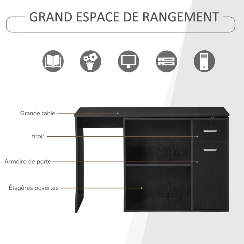 HOMCOM Bureau Informatique table de salle à manger multimédia modulable Multi-rangements Double Niche + tiroir Panneaux Particules Noir