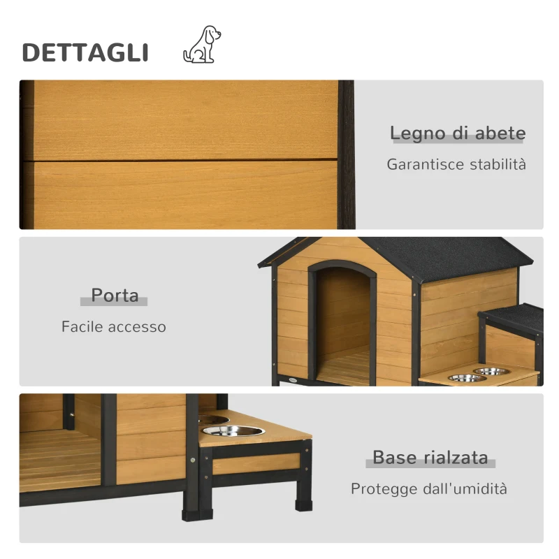 PawHut Cuccia per Cani Taglia Media con 2 Porta Ciotole, Box Esterno e Tetto in Bitume, 130x93x92cm