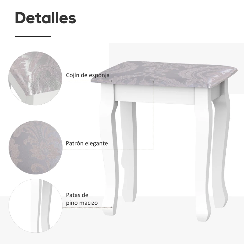 HOMCOM Tocador + Taburete y Espejo Mesa Maquillaje 5 Cajones Blanco Negro Mesa MDF (Blanco)