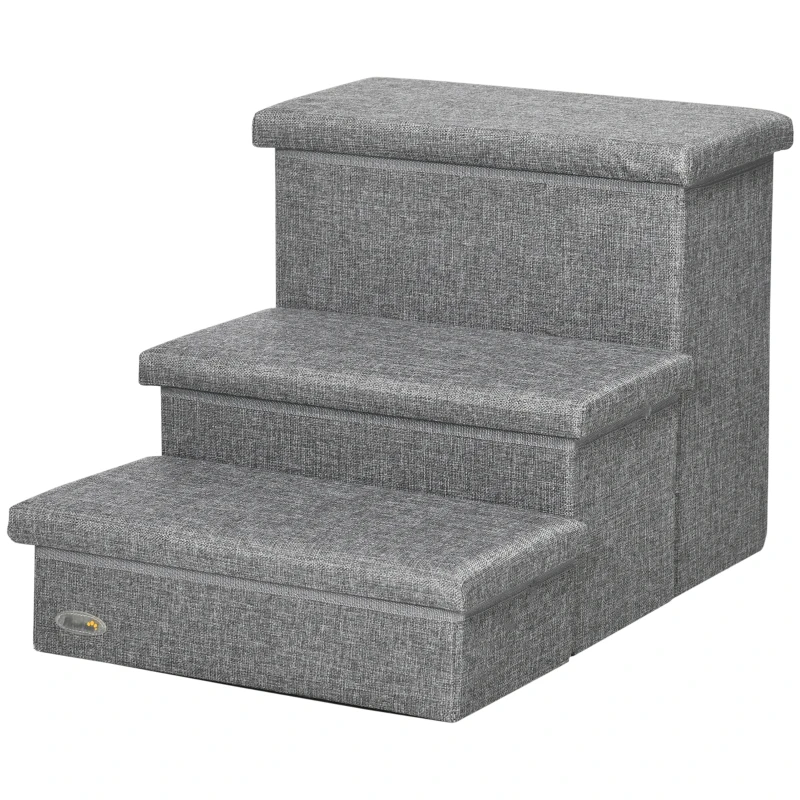 PawHut Escalera para Mascotas de 3 Peldaños Escalones para Perros Gatos con Espacio de Almacenamiento 63,5x42,5x40,5 cm Gris
