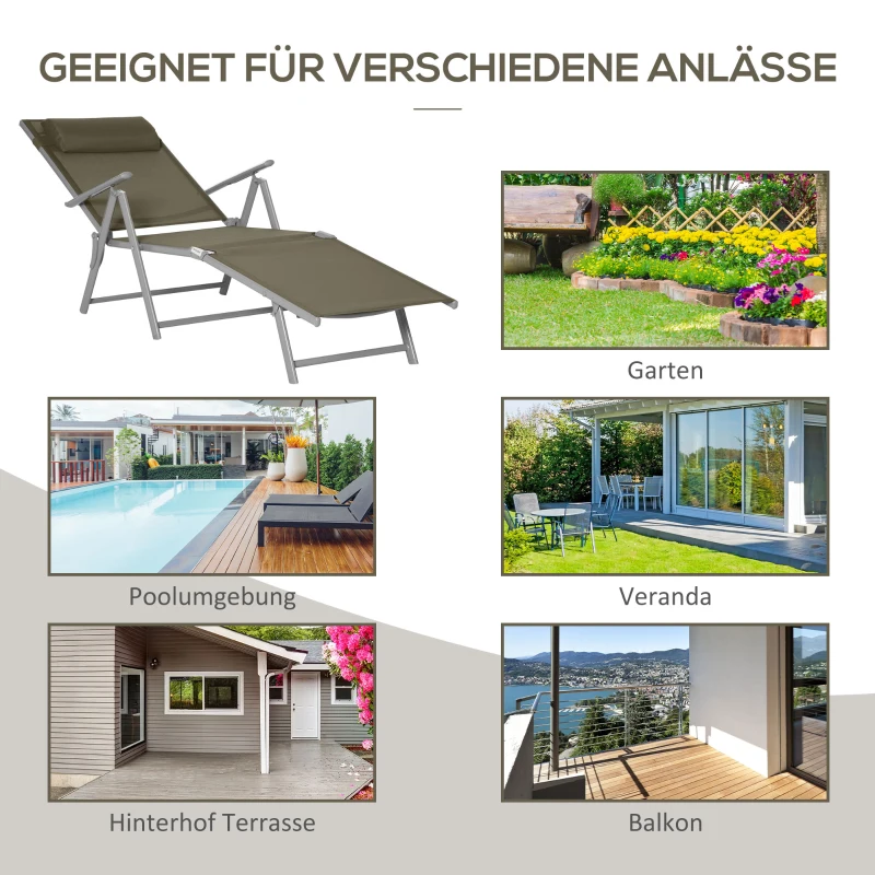 Outsunny Sonnenliege Strandliege Gartenliege Relaxliege klappbar mit Kissen Strand Metall+Stoff Khaki 137 x 63,5 x 100,5 cm