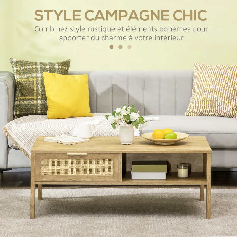 HOMCOM Table basse rectangulaire table de salon avec multi-rangements niche et tiroir portes effet cannage rotin tissé