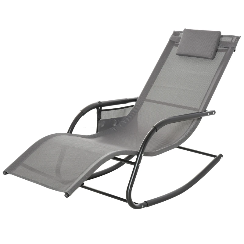 Outsunny Outdoor Garden Rocking Chair, Patio Sun Lounger Rocker Chair with Breathable Mesh Fabric, Removable Headrest Pillow, Armrest, Side Storage Bag, Grey